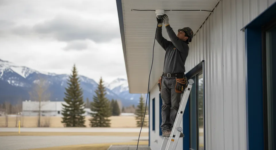 Installer mounting a wired security camera on the soffit of a Guelph building